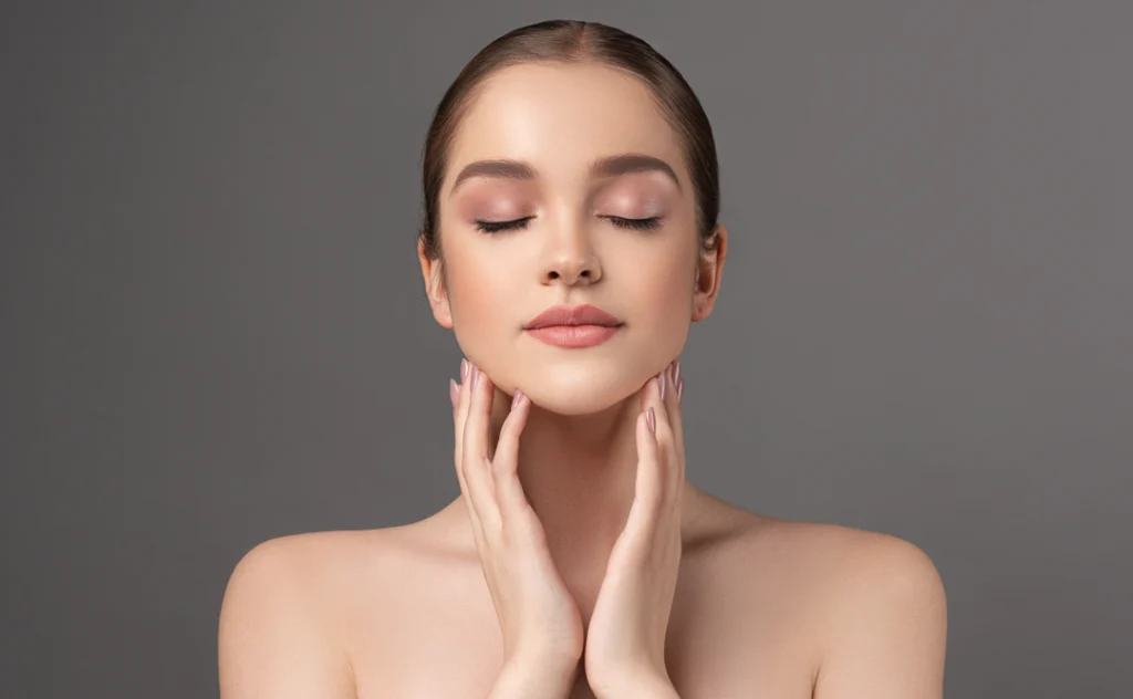 Woman touching clear skin after acne facials.