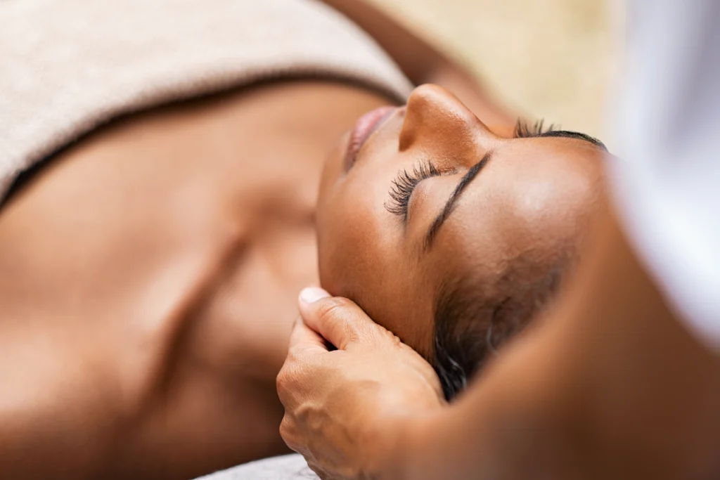 Peaceful woman receiving a medspa facials treatment.