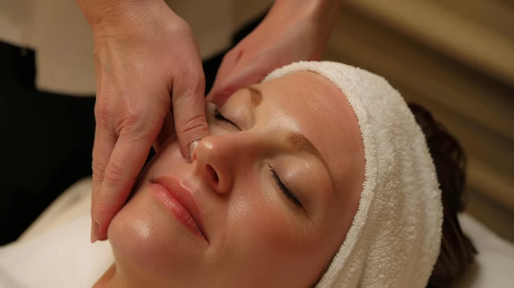 Esthetician performing acne facials on client.