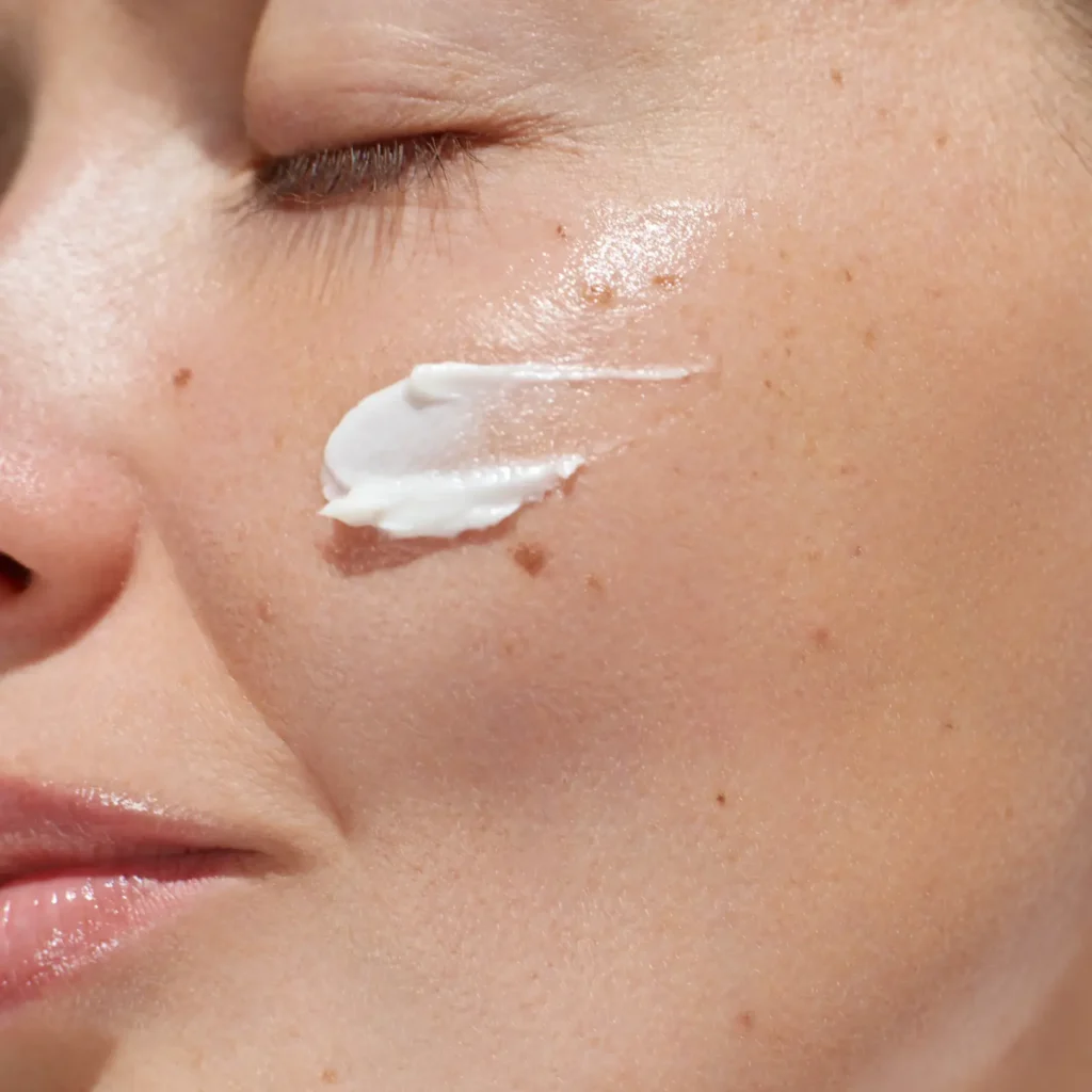 Close-up of cream applied to cheek during skincare routine