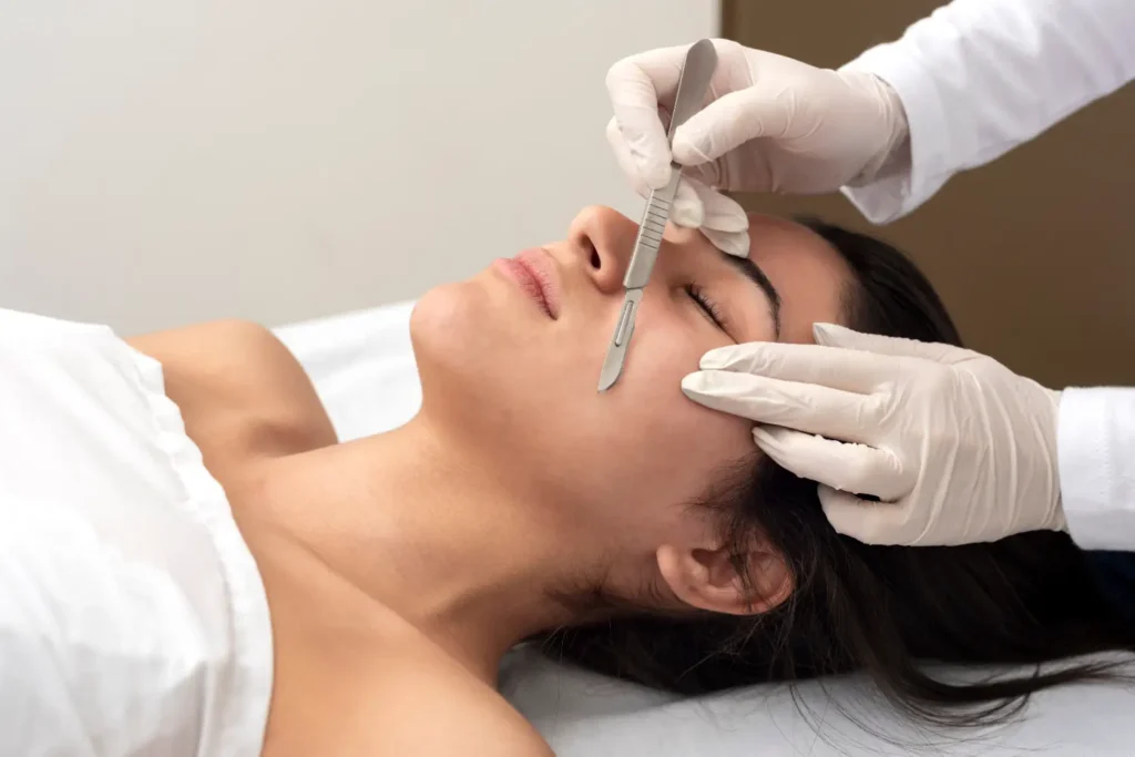 Professional performing dermaplaning on woman's face with handheld tool