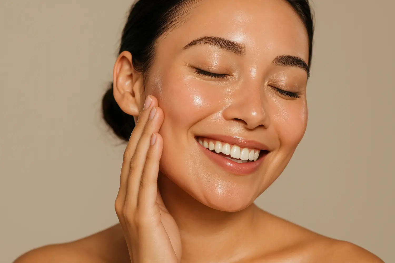Woman with smooth glowing skin smiling with eyes closed