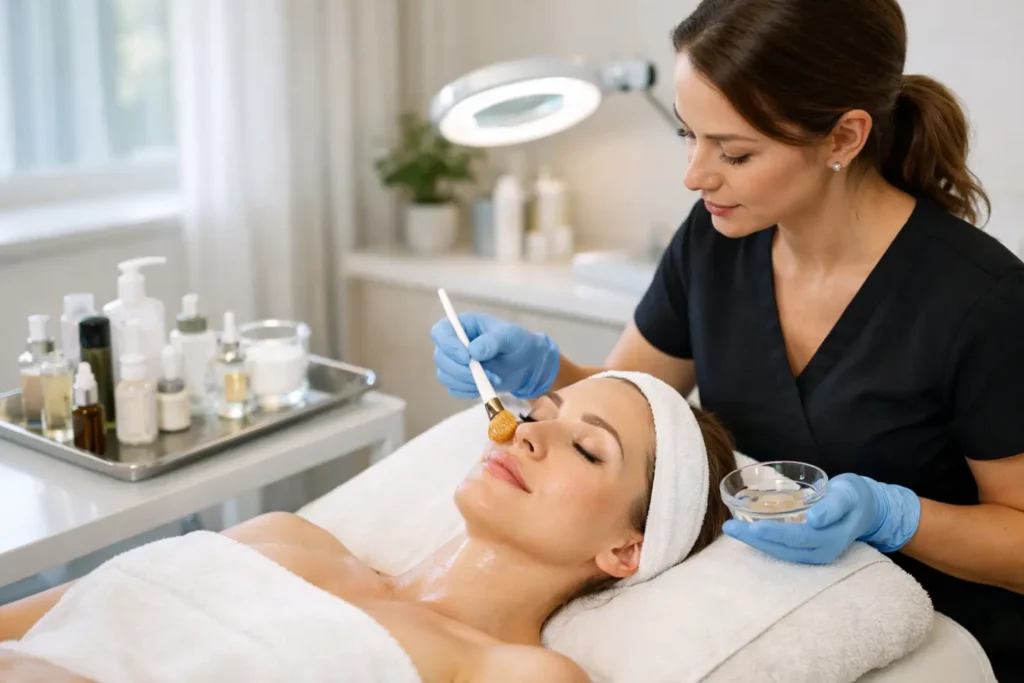 esthetician applying a facial treatment with a brush to a woman’s face