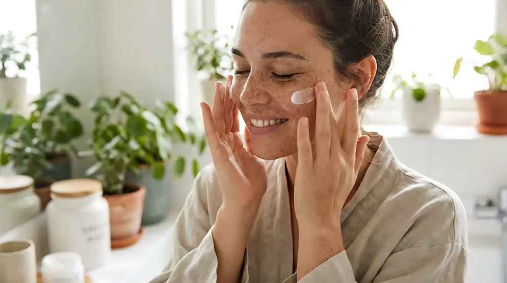Woman applying cream to her face while smiling in a bright room