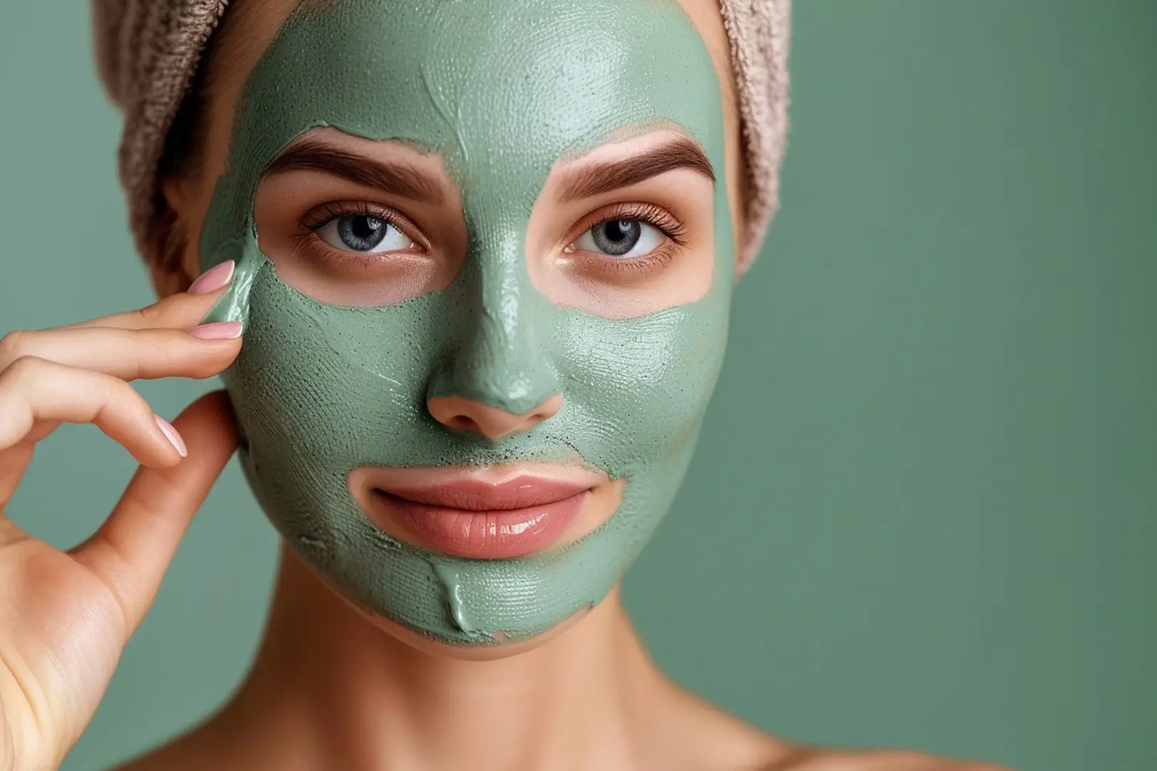 Woman wearing green facial mask looking at camera